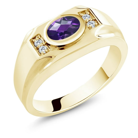 Gem Stone King Men's 18K Yellow Gold Plated Silver Purple Amethyst and White Moissanite Ring (1.35 Cttw, Gemstone February Birthstone, Oval Checkerboard 8X6MM,, Size 8)