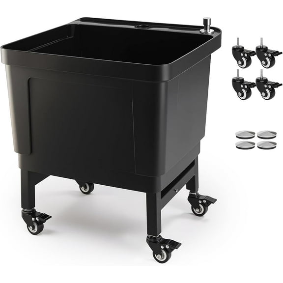 ROVSUN Commercial Mop Sink on Wheels, Plastic Floor Mop Slop Sink, Black Freestanding Mobile Utility Sink for Restaurant, Office, Business, Outdoor, Indoor Use, 19.7L x 18.8W x 22.3H inch