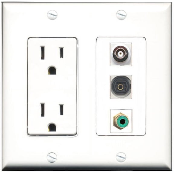 RiteAV - 15 Amp Power Outlet 1 Port RCA Green 1 Port Toslink 1 Port BNC Decorative Wall Plate