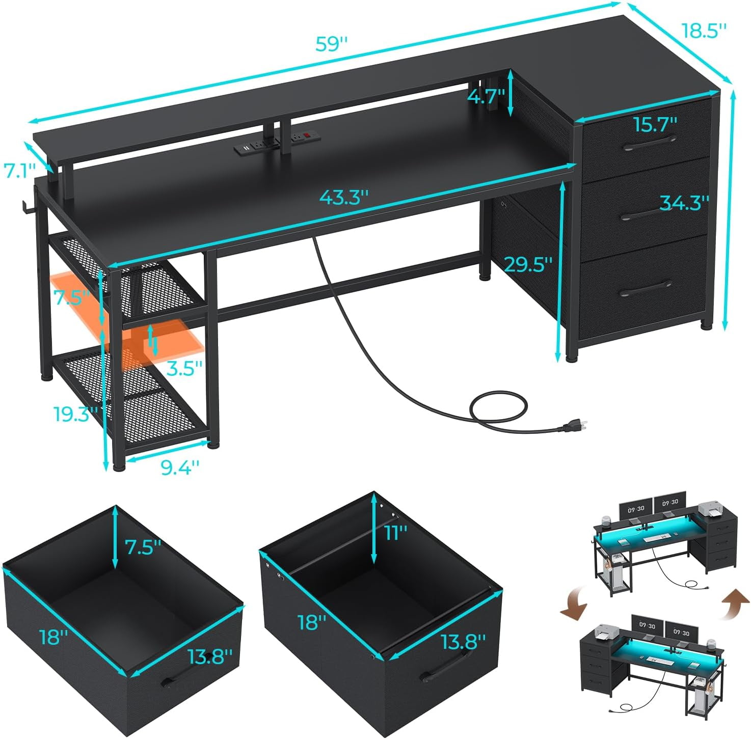 59" Office Desk with Drawers, Reversible Computer Desk with File Drawers & Storage, Gaming Desk with LED Lights & Power Outlet, Home Office Desks for Printer, Black