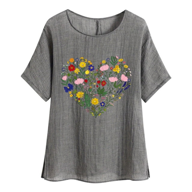 Camiseta de Mujer Camiseta de Manga Corta Impresión Casual Raglan Suelto de Lino Top Blusas, Cuello de la Tripulación