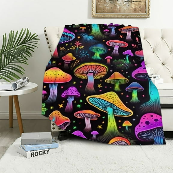 ARISTURING  Ultra Soft Cute Mushroom Blanket,Hippie Neon Colorful Mushrooms on Black Flannel Blanket,Lightweight Fuzzy Throw Blanket for Couch,Living Room,Travel for All Seasons