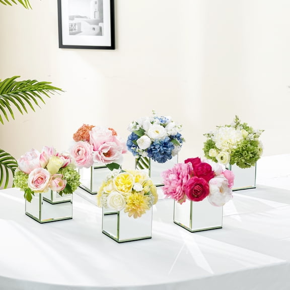SHYFOY Luxury 6-Piece Mirror Art Square Vase Set - Small Tabletop Crushed Diamond Geometric Vases for Wedding Centerpieces, Shelf Decor, Modern Home Accent | Crystal Accent Cubes