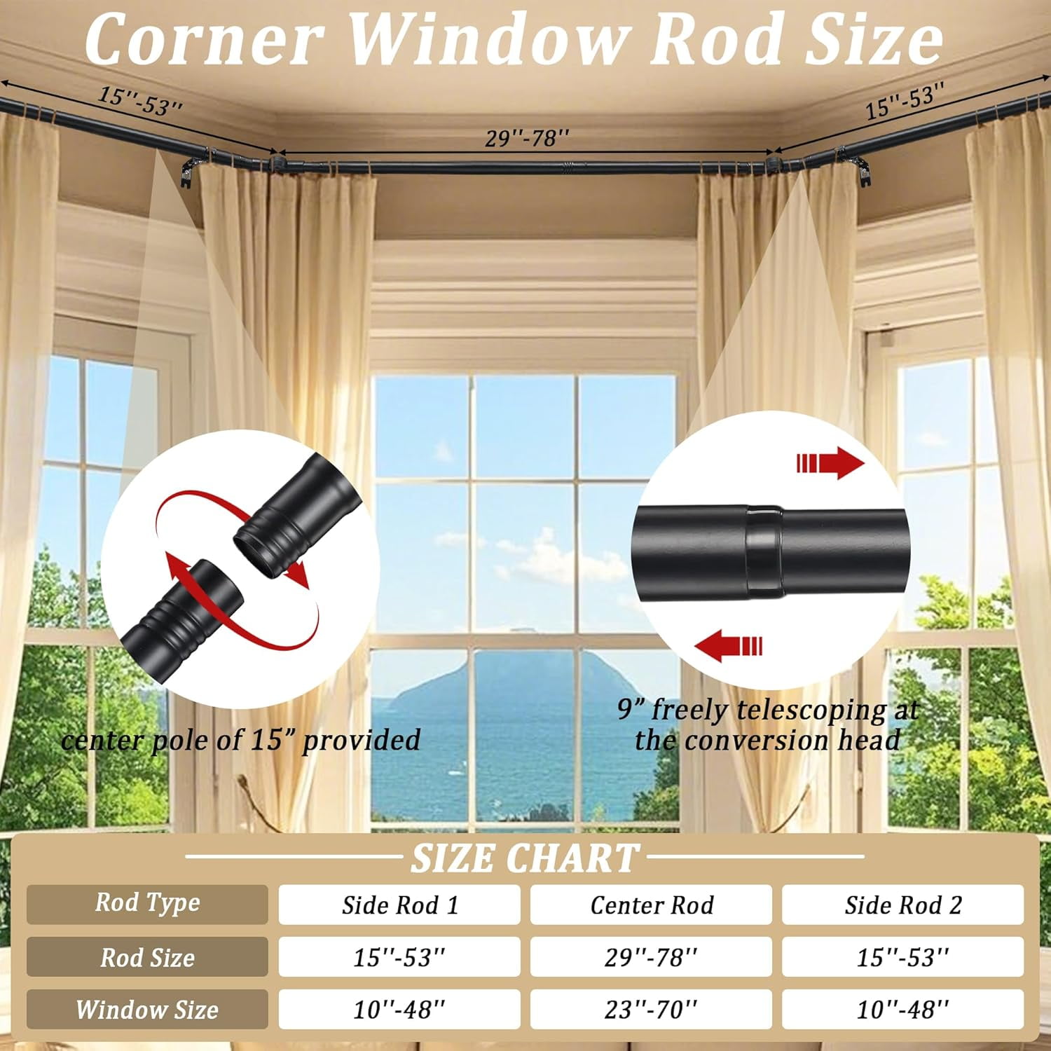 Bay Window Curtain Rods  U Shaped Adjustable Curved For Windows 59 To 184 Inches Black 1 Inch Renter Friendly Heavy Duty With Brackets Bedroom Living Room Curtains