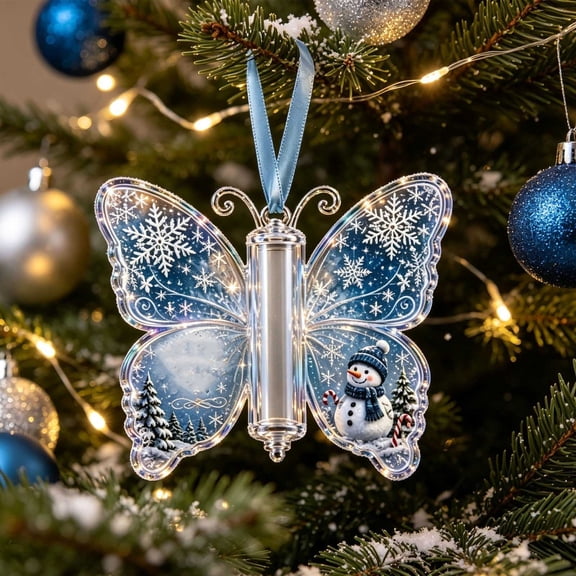 Butterfly Christmas Money Gift Ornament, Snowman‑Pattern Acrylic Cash Holder with Clear Compartment, Hanging Xmas Cash Wallet Decor for Christmas Tree, Window, Car, Creative Holiday Present