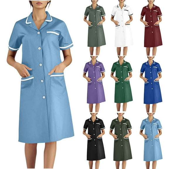 Summer Dresses for Women 2025, Women's Solid Color With Pockets Button Splicing Lapel Caregiver Dress Nurse Dress Work Midi Dress(Black,S)