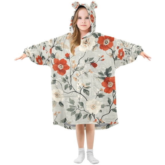 FORMRS Wearable Blanket Hoodie with Sleeves for Kids Cozy Flannel Sweatshirt, Red and White Floral Pattern