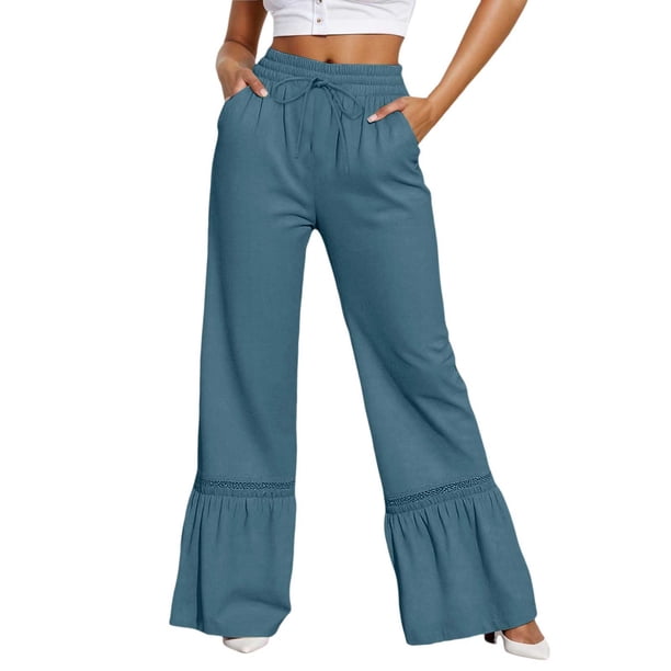 Pantalones casuales de pierna ancha para mujer - Dobladillo con volantes y ribete de encaje, cordón, poliéster, vacaciones/fiesta, S-XXL