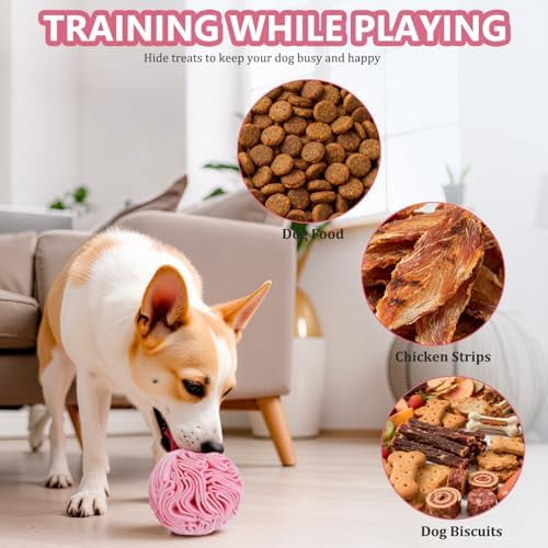 Snuffle Ball for Dogs, Slow Feeder Mental Enrichment Toy, Cute Interactive Puzzle Game for Anxiety Relief & Indoor Fun, Pet Search Game for Small Medium Dogs, Machine Washable Light Red,Medium