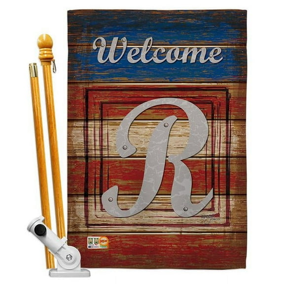 Breeze Decor BD-PA-HS-130122-IP-BO-D-US14-BD 28 x 40 in. Patriotic R Initial Americana Impressions Decorative Vertical Double Sided House Flag Set & Pole Bracket Hardware