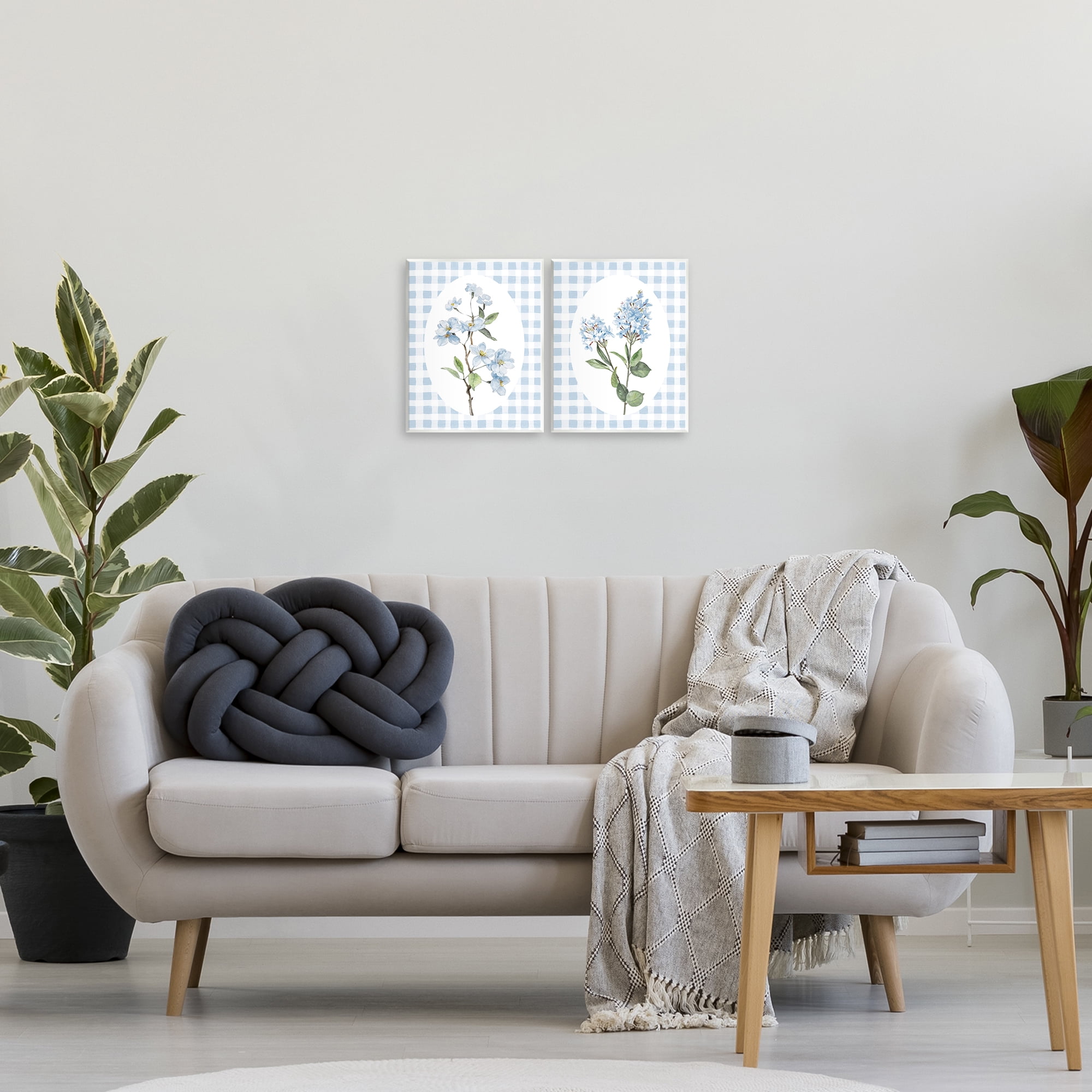 Stupell Industries Blooms on Blue Checkered 2 Piece Wall Plaque Art Set, design by Lanie Loreth
