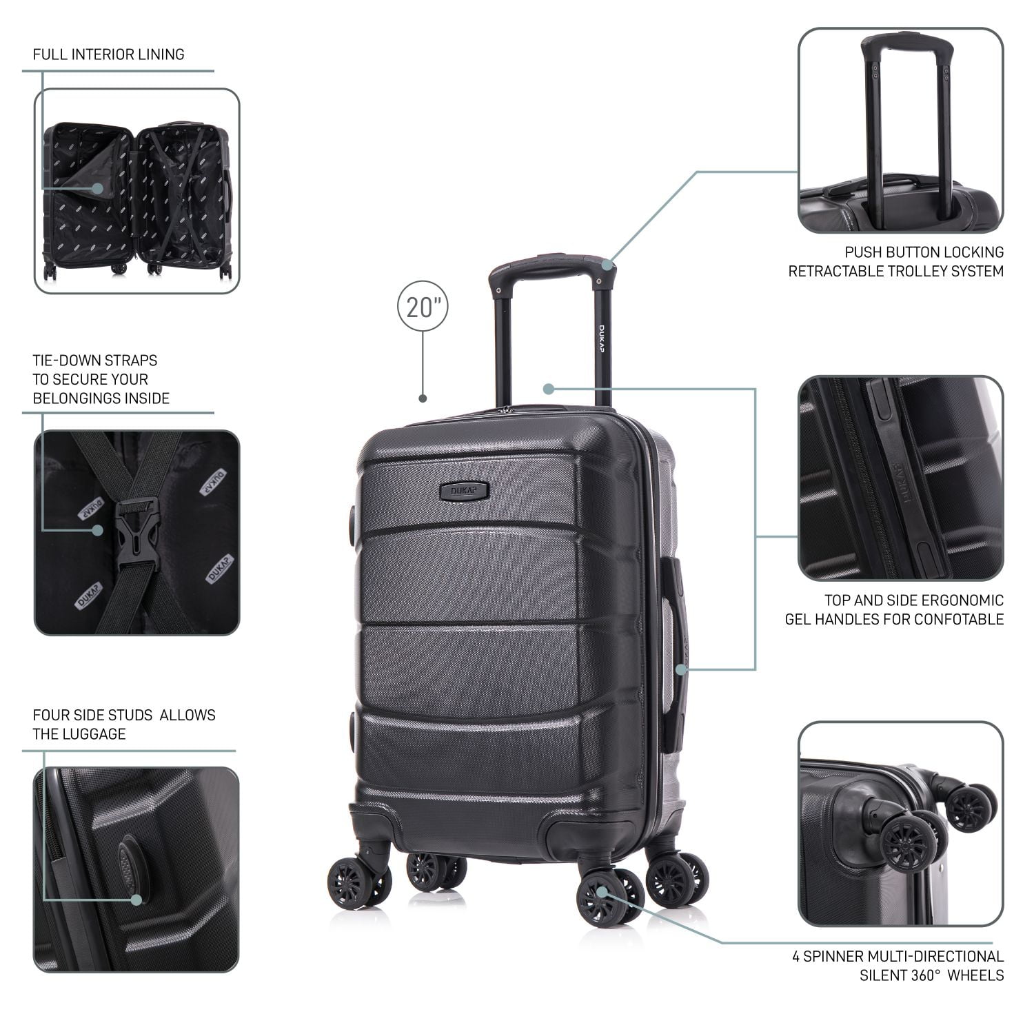 DUKAP SENSE 20" Hardside Lightweight Carry On Luggage with Spinner Wheels, Handle and Trolley, Black