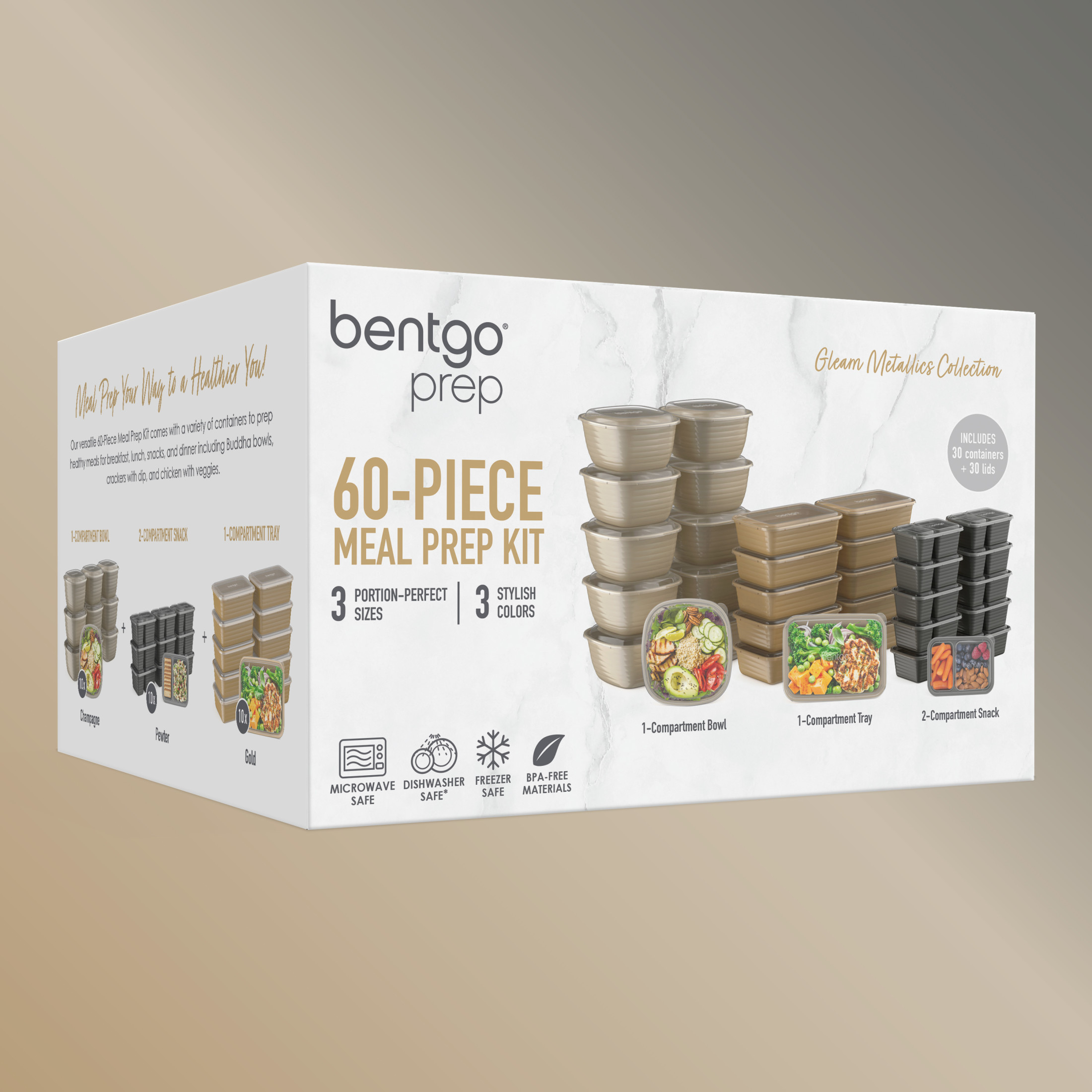 Bentgo Prep 60-Piece Variety Meal Prep Kit - Reusable & BPA-Free Food Containers 1-Compartment Trays, Prep Bowls, & Snack Boxes - Microwave, Freezer, & Dishwasher Safe (Gleam Metallics)
