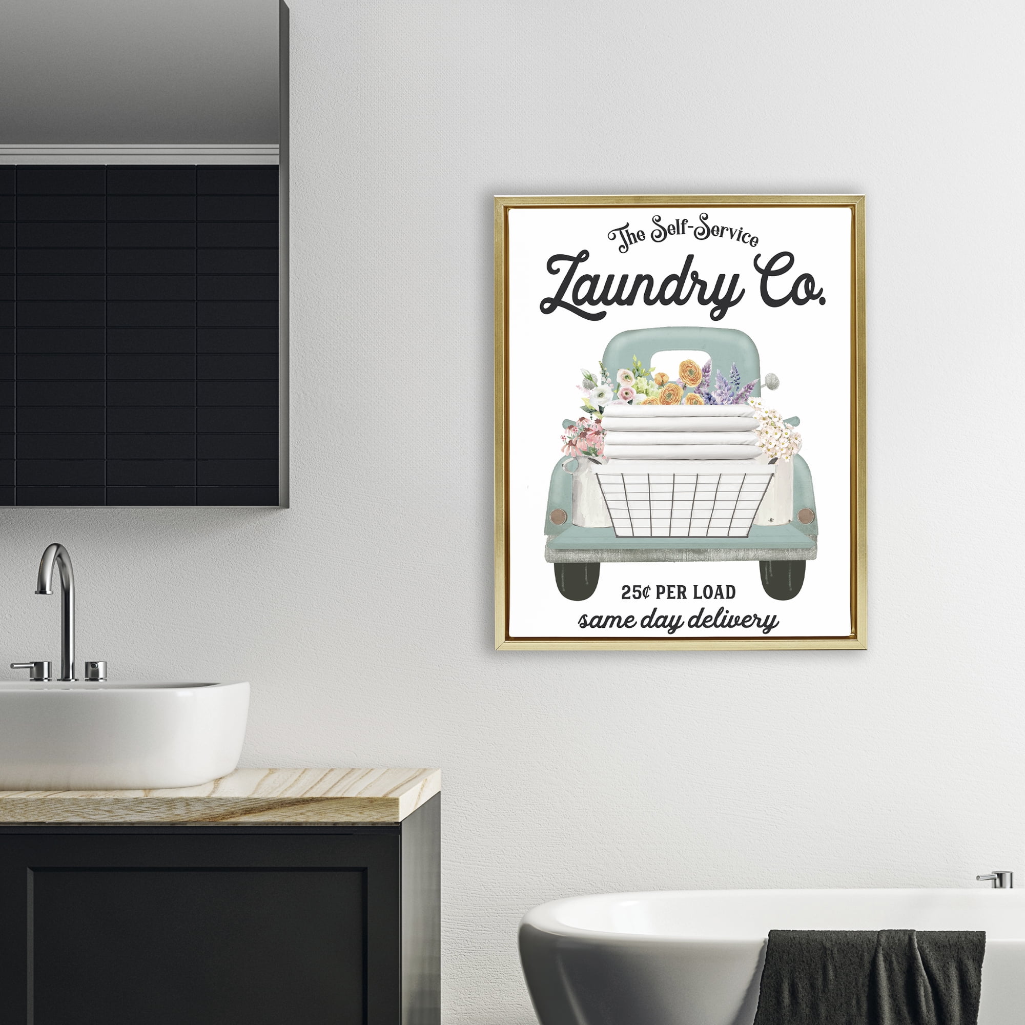 Laundry Delivery Truck Gold Framed Floater Canvas Wall Art, design by Lettered and Lined