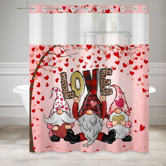 Mizhona Valentine's Day No Hook Shower Curtain with Snap in Liner，Red Love Hookless Fabric Bath Curtain,71"× 74"
