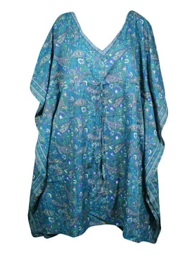 Mogul Women's Blue Midi Kaftan Dress Floral Print Beach Bikini Cover Up Resort Wear House Dress 3XL