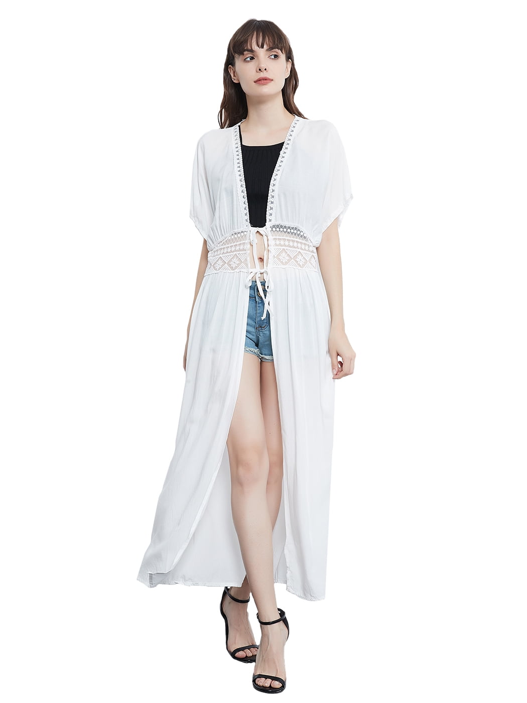 Womens Long Lace Kimono Cardigan Open Front Beach Bikini Swimsuit Cover