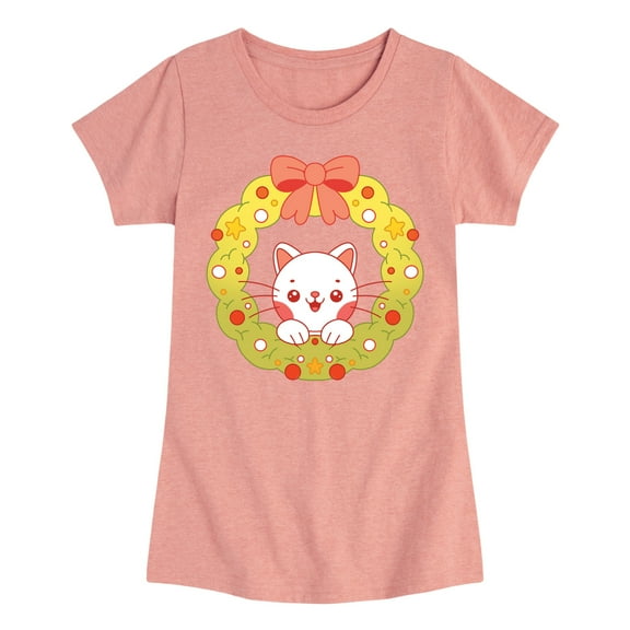 Instant Message - Christmas Chibi Cat Wreath - Toddler And Youth Girls Fitted Short Sleeve Graphic T-Shirt