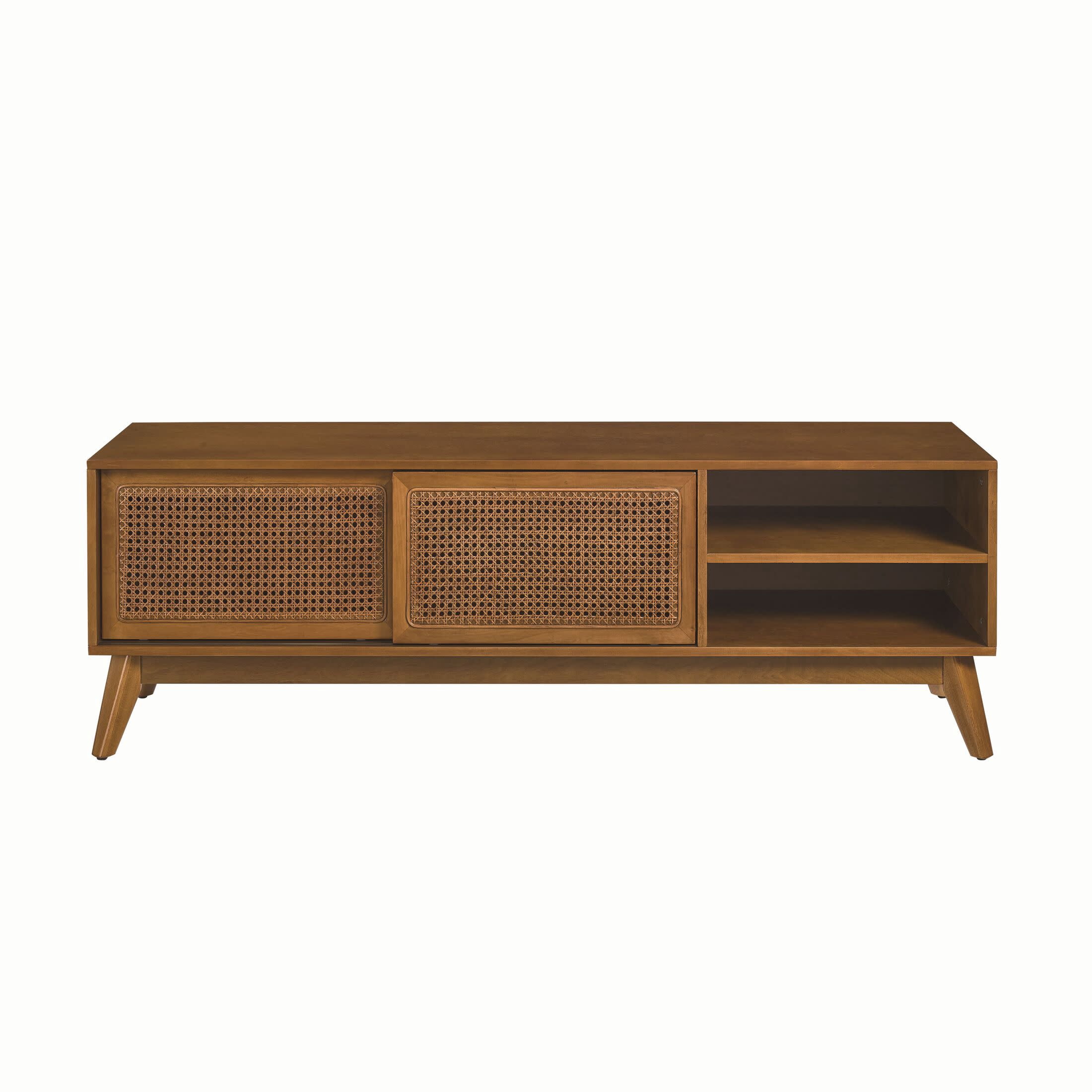 Noble House 59" Mid-Century Rattan TV Stand, Entertainment Cabinet with Sliding Doors, for Living Room, Brown Ebony