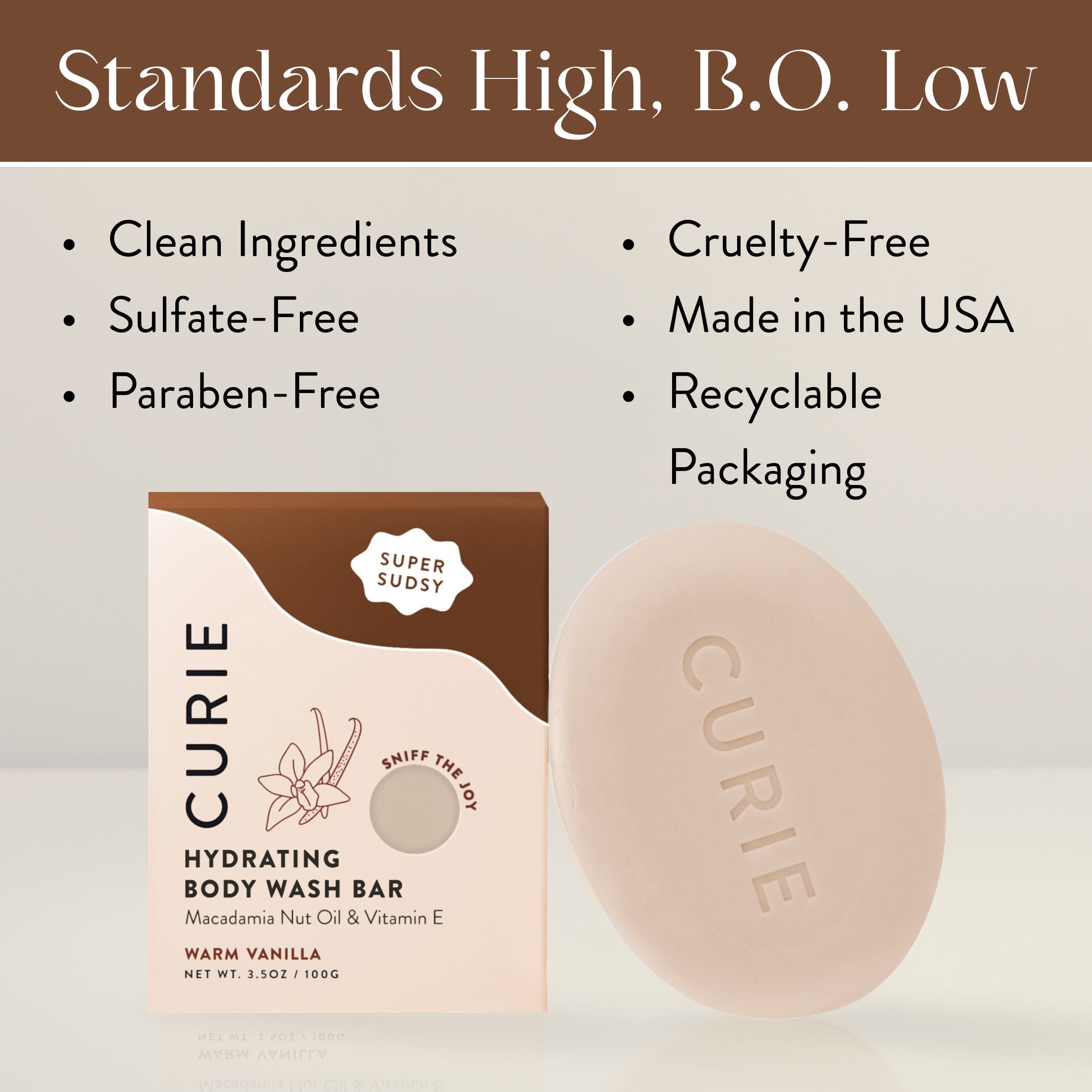 Curie Hydrating Body Wash Bar Soap, Warm Vanilla, for Men and Women, 3.5 oz