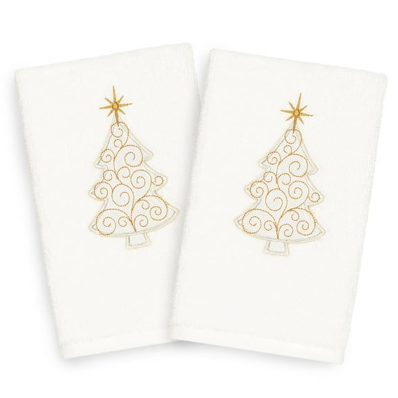 Authentic Hotel and Spa  Turkish Cotton Christmas Scroll Tree White Set of 2 Hand Towels