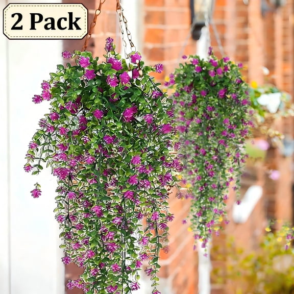 2Pcs Artificial Hanging Flowers, Fake Purple Hanging Plants, UV Resistant & Fade Resistant, Outdoor Indoor Patio Porch Garden Balcony Home Decor