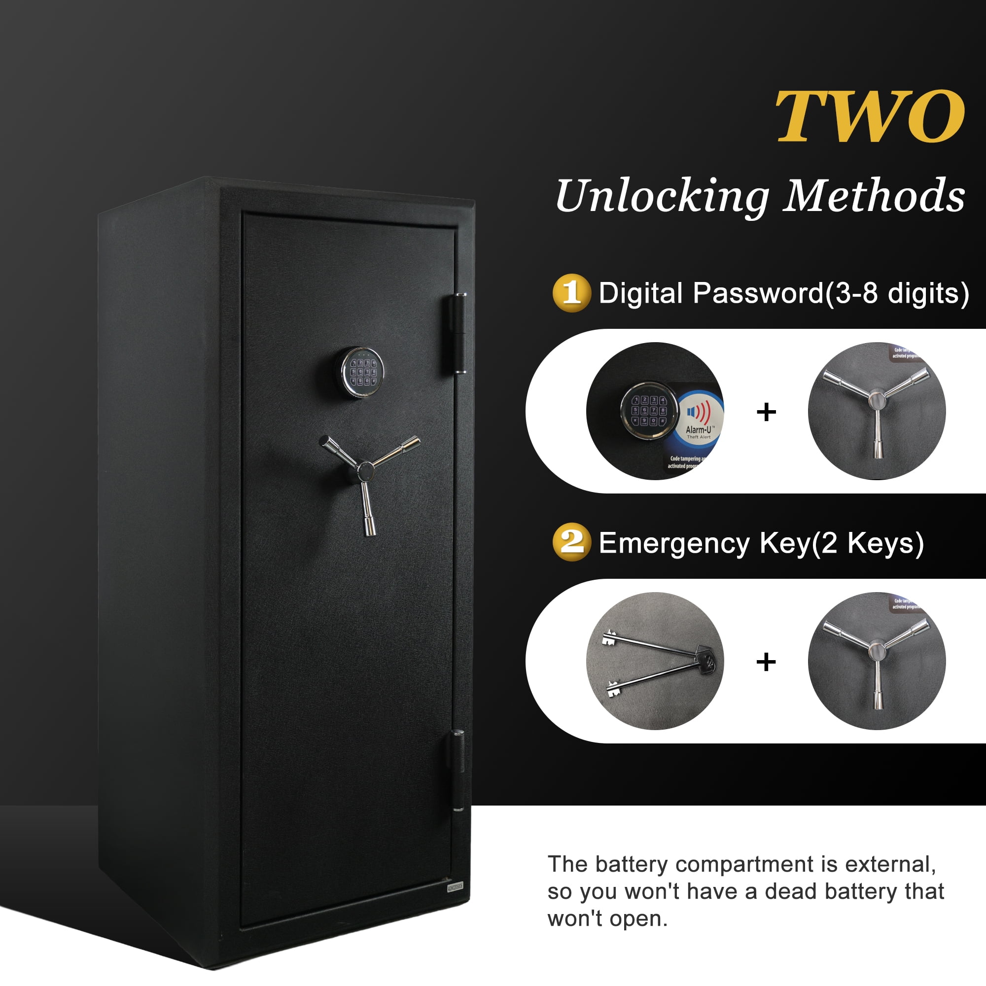 VALINIRT 24 Gun Fireproof Safe for Rifles and Pistols, Gun Cabinet with Keypad/Key Access, No-Assembly-Required Gun Safes with Combination Lock and Built-in Charging Ports