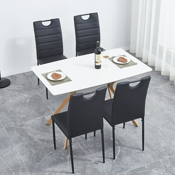 Leather Dining Chair with Cushion and D-hand High Back,Assembled Dinner Room Chairs,Set of 4,Black