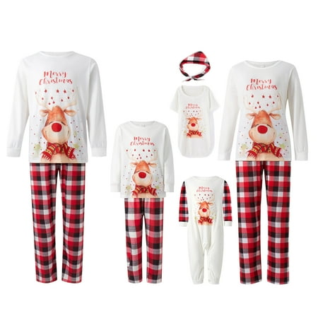 

Dewadbow Family Matching Christmas Pajamas Set Long Sleeve Elk Print Tops Plaid Pants XMAS Sleepwear Pjs