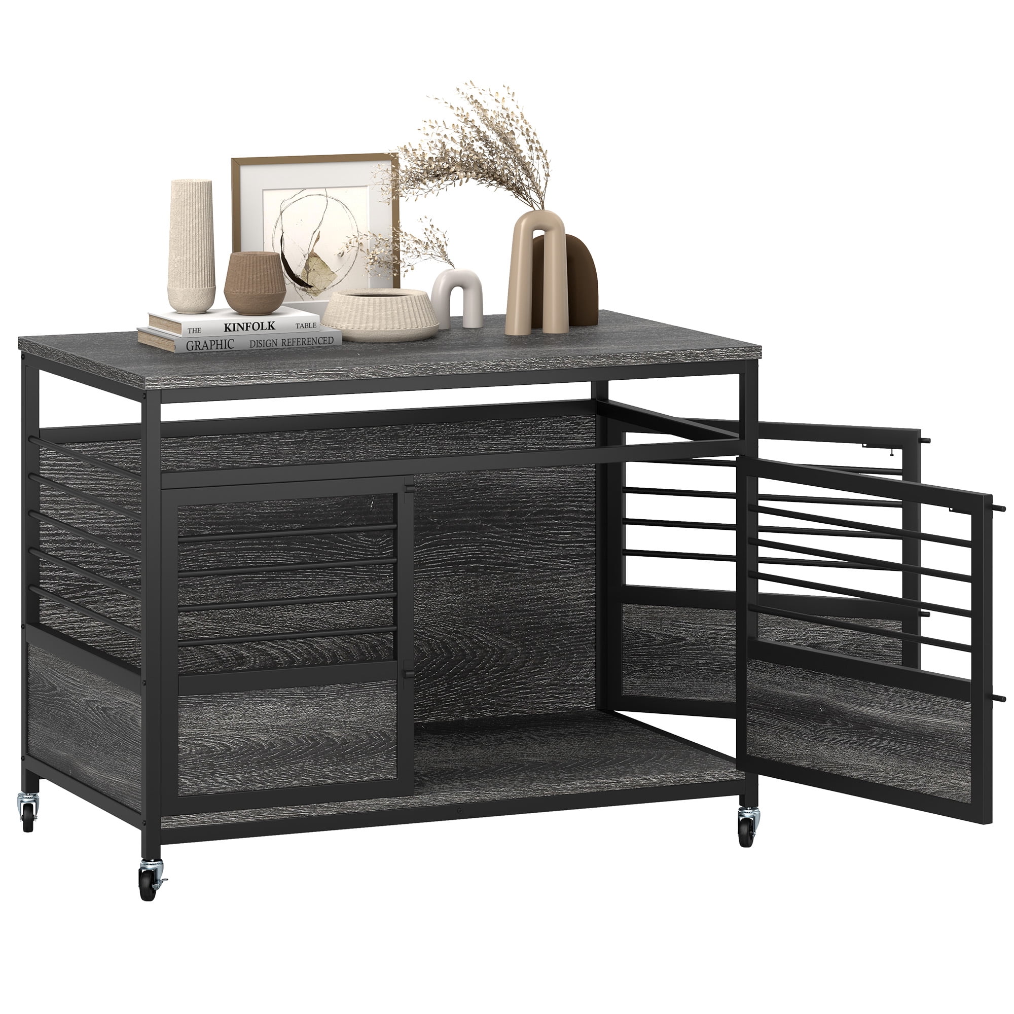 Uforic 39.4 Inch Dog Crate Furniture with Wheels,Wooden Dog Kennel for Dogs - Gray