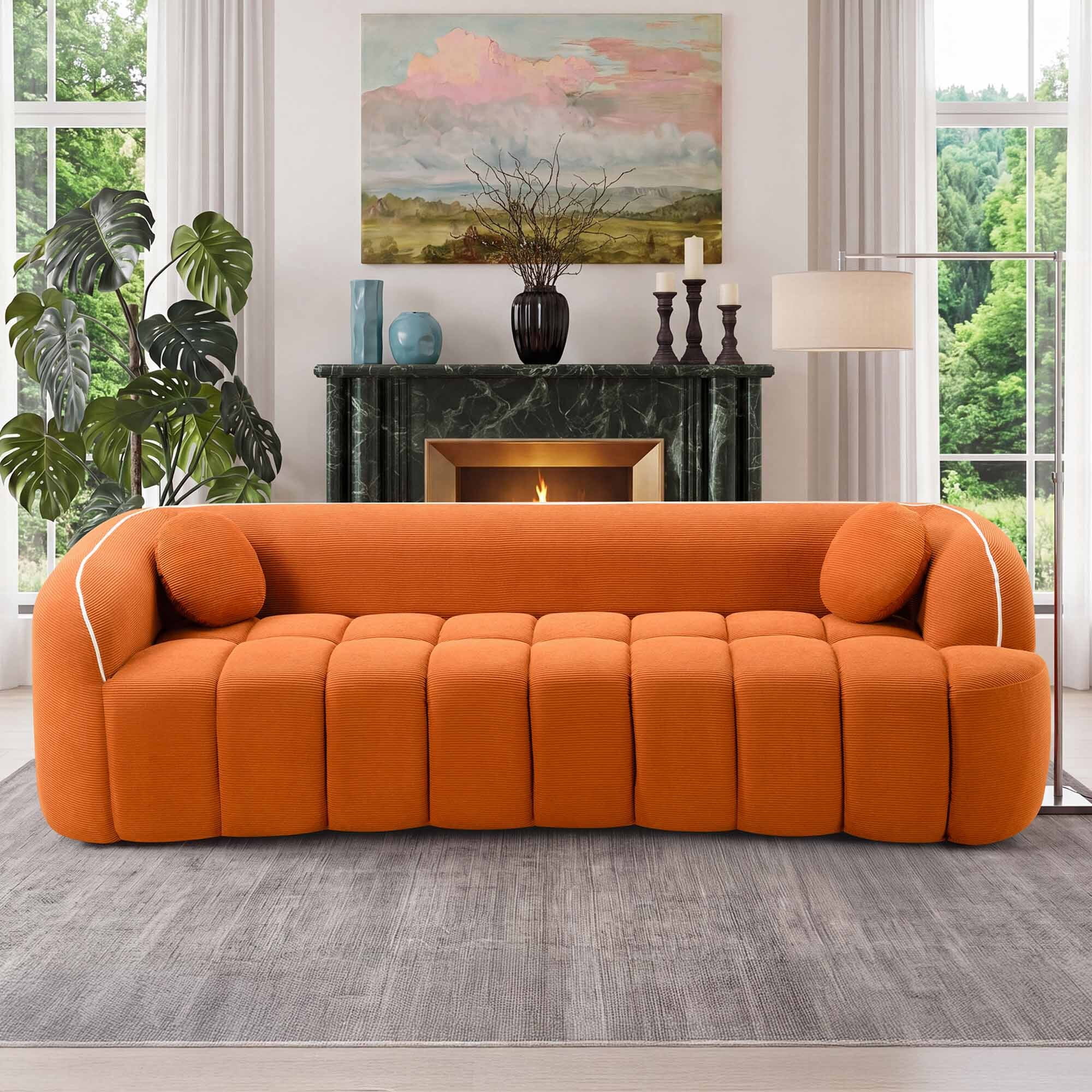 Lunale 98" Curved Bonelessd Sofa, 3-Seater Cloud Couch, No Assembly Required, Modern Corduroy Bubble Sofa for Living Room, Orange