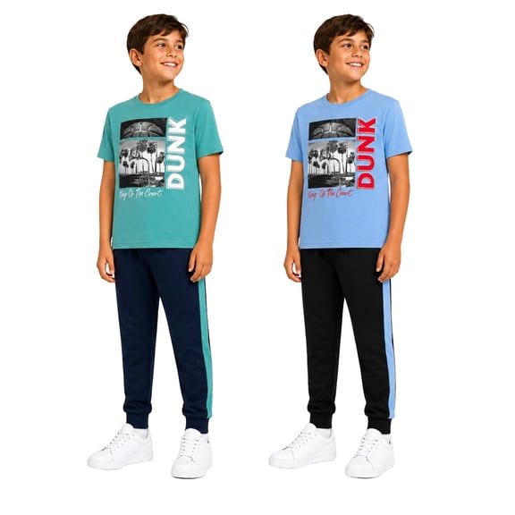Pro Athlete Boys Sweatsuit Set Short Sleeve Crewneck Graphic Tees & Tricot Jogger Sweatpants 4 Piece