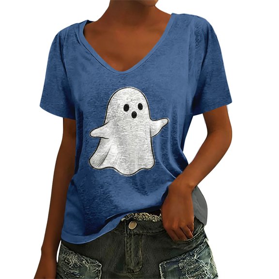 Business Casual Tops for Women Cute V‑Neck Halloween‑Themed Graphic Prints Lightweight Fashion Outfits Clothes L