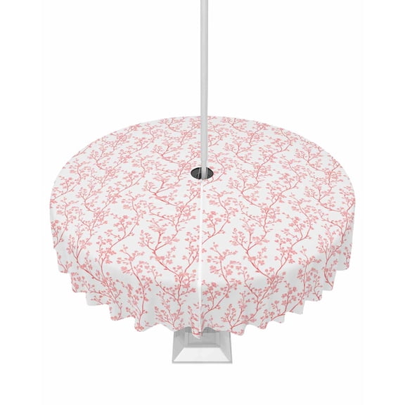 Fsddascl Pink Spring Floral Outdoor Tablecloth - 60 Inch Round Dining Table Cover, Summer Botanical Watercolor Waterproof Outdoor Table Cloth with Umbrella Hole & Zipper for Picnic/Patio/Party