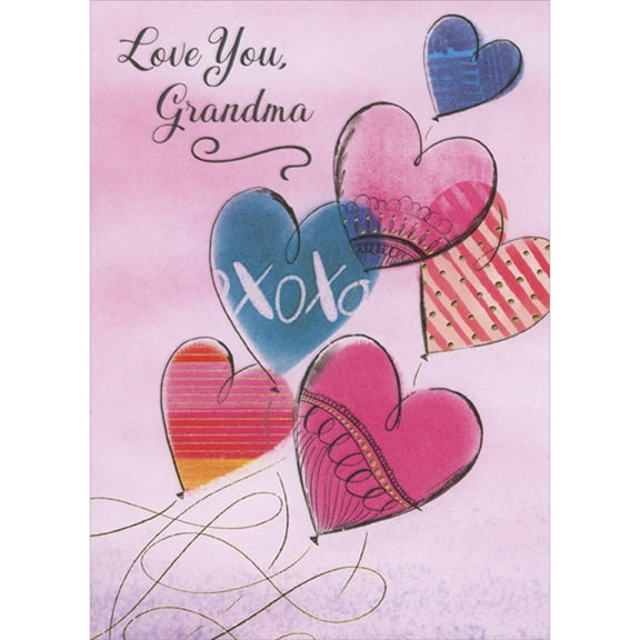 Designer Greetings Six Blue, Pink and Yellow Heart Shaped Balloons with Foil Accents Valentine's Day Card for Grandma