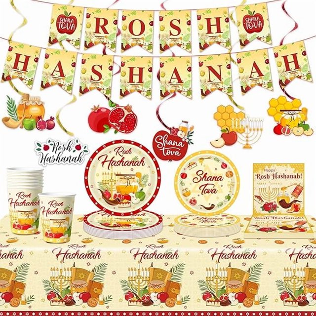 wonima02 Rosh Hashanah Party Decorations Tableware,Jewish New Year Plates Shana Tova Party Tablecloth Napkins Cups Banner Hanging Swirls for Holiday Party Decorations(Serve 16)