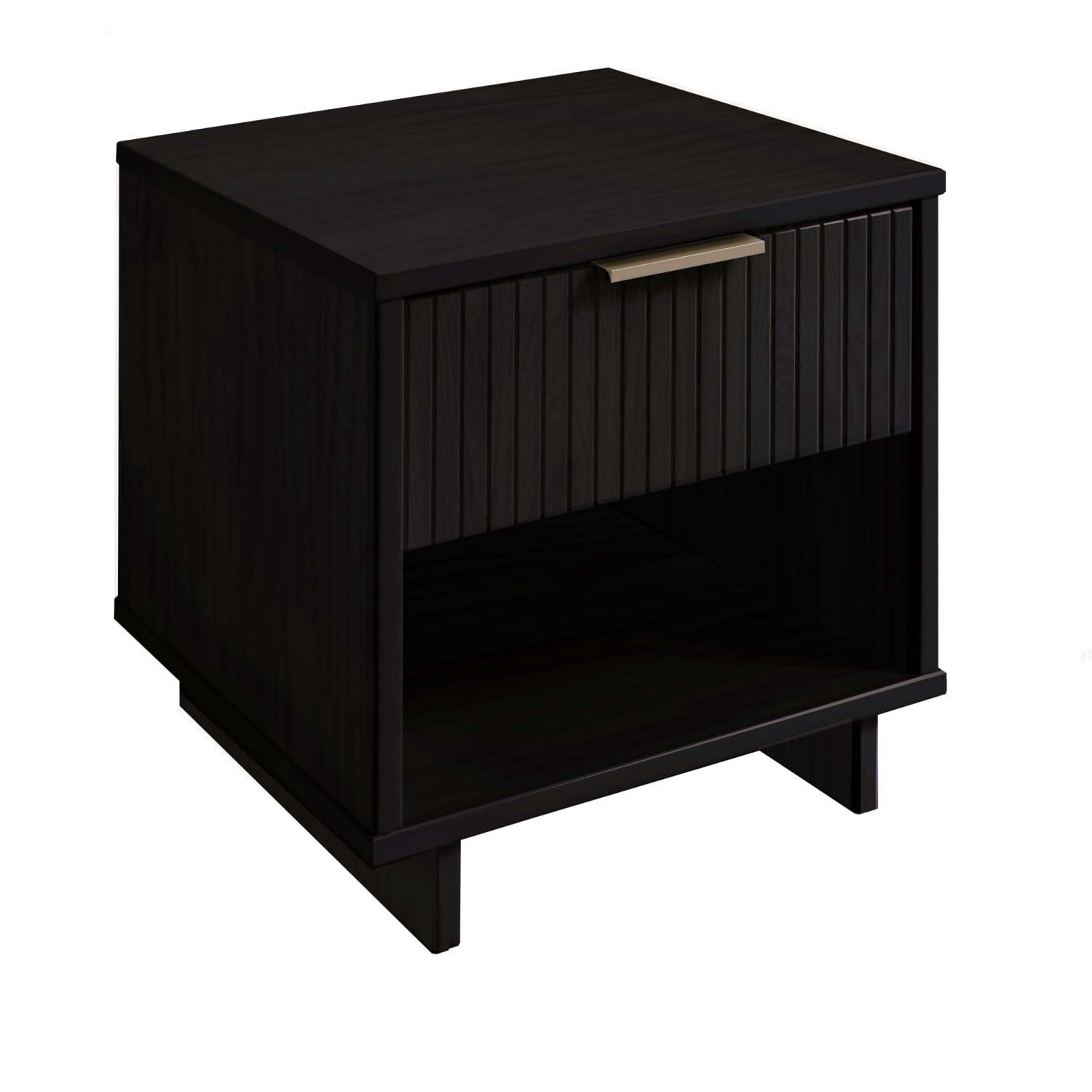Black Nightstand, Modern Contemporary Bedside Table with 1 Drawer, Solid Wood Ribbed Drawer Front and Gold Handle, Glam Storage End Table for Bedroom Living Room