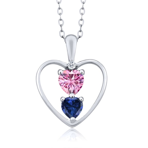 Gem Stone King 925 Sterling Silver Pink Moissanite Blue Created Sapphire and White Topaz Pendant Necklace for Women (1.01 Cttw, Gemstone Birthstone, Heart 5MM and 4MM, with 18 inch Silver Chain)