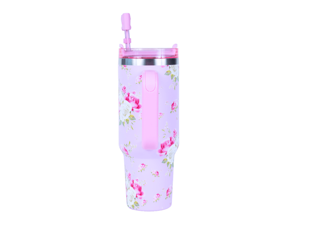 Hi Peach Layne Pink Floral Tumbler 40oz with Straw, Handle, & 30g Bath Bomb Inside, Limited Edition