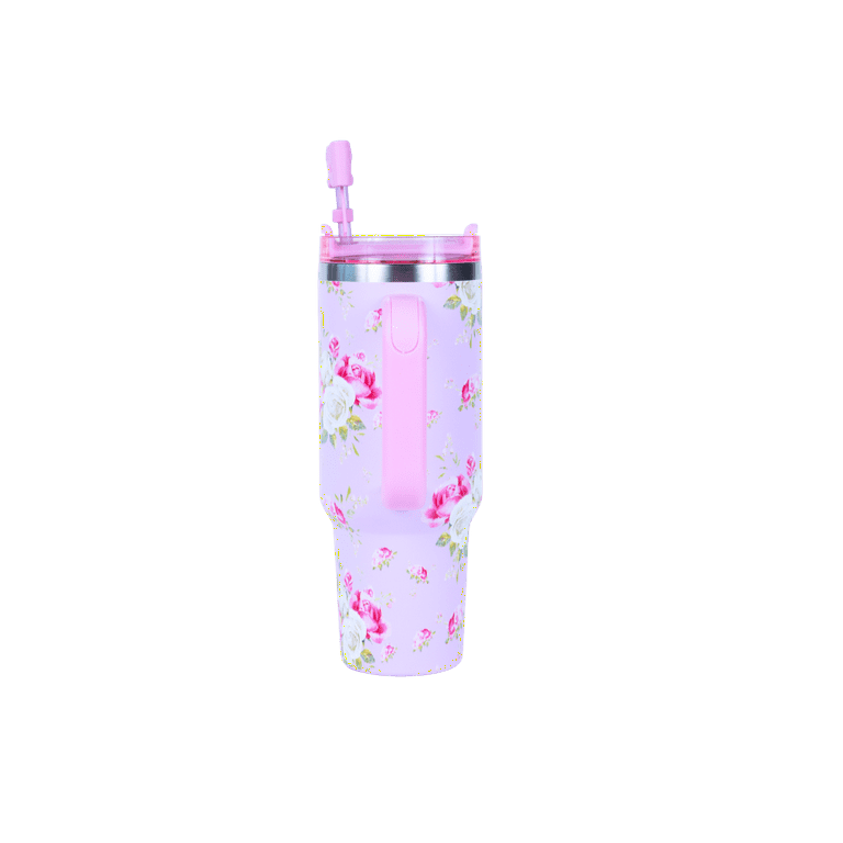 Hi Peach Layne Pink Floral Tumbler 40oz with Straw, Handle, & 30g