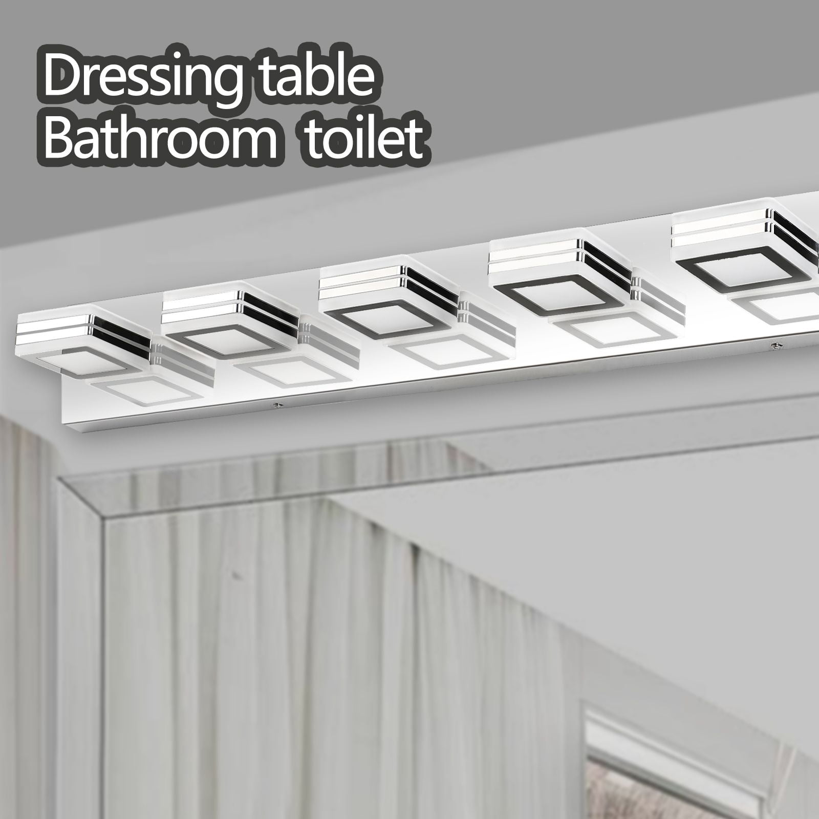 39" Modern 6-Light LED Vanity Light, Chrome Finish with Square Acrylic Shades, Adjustable Wall Sconce for Bathroom Mirror and Vanity Lighting, Hardwired
