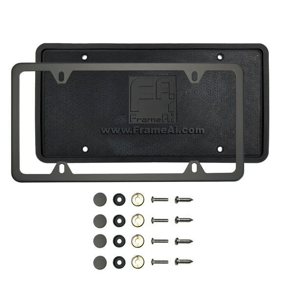 KA Depot Silicone Back Guard Four Holes Slim License Plate Holder Matte Flat Black License Plate Frame T304 Stainless Steel   Metal Screw Caps