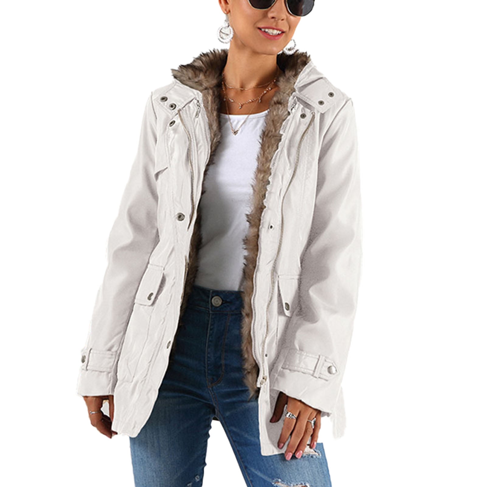 Liveday Women's Winter Jacket Hooded Coat with Detachable Fleece Inner \u0026 Belt Splash-proof Warm Windbreaker for Outdoor Fishing New, Size: XL, White