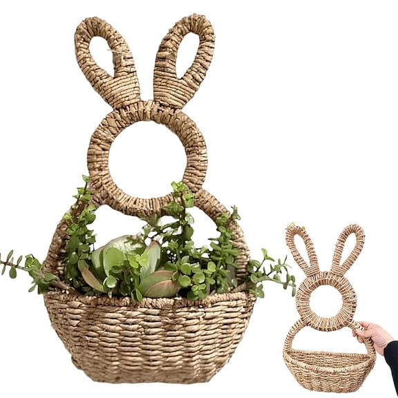 Bunny Door Basket, 15.75" Wicker Bunny Easter Hanging Baskets, Spring Decor Wall Pocket, Unlined Makes Decorate For Flowers, Gifts
