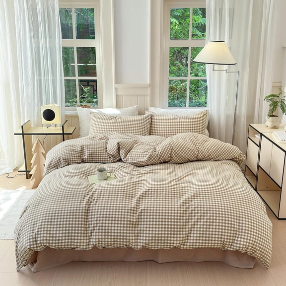 Tan Gingham Grid Duvet Cover Queen 3 Pieces Beige Plaid Duvet Cover Washed Cotton Boho Plaid Comforter Cover with 2 Pillowcases Farmhouse Checkered Gingham Bedding Set Queen