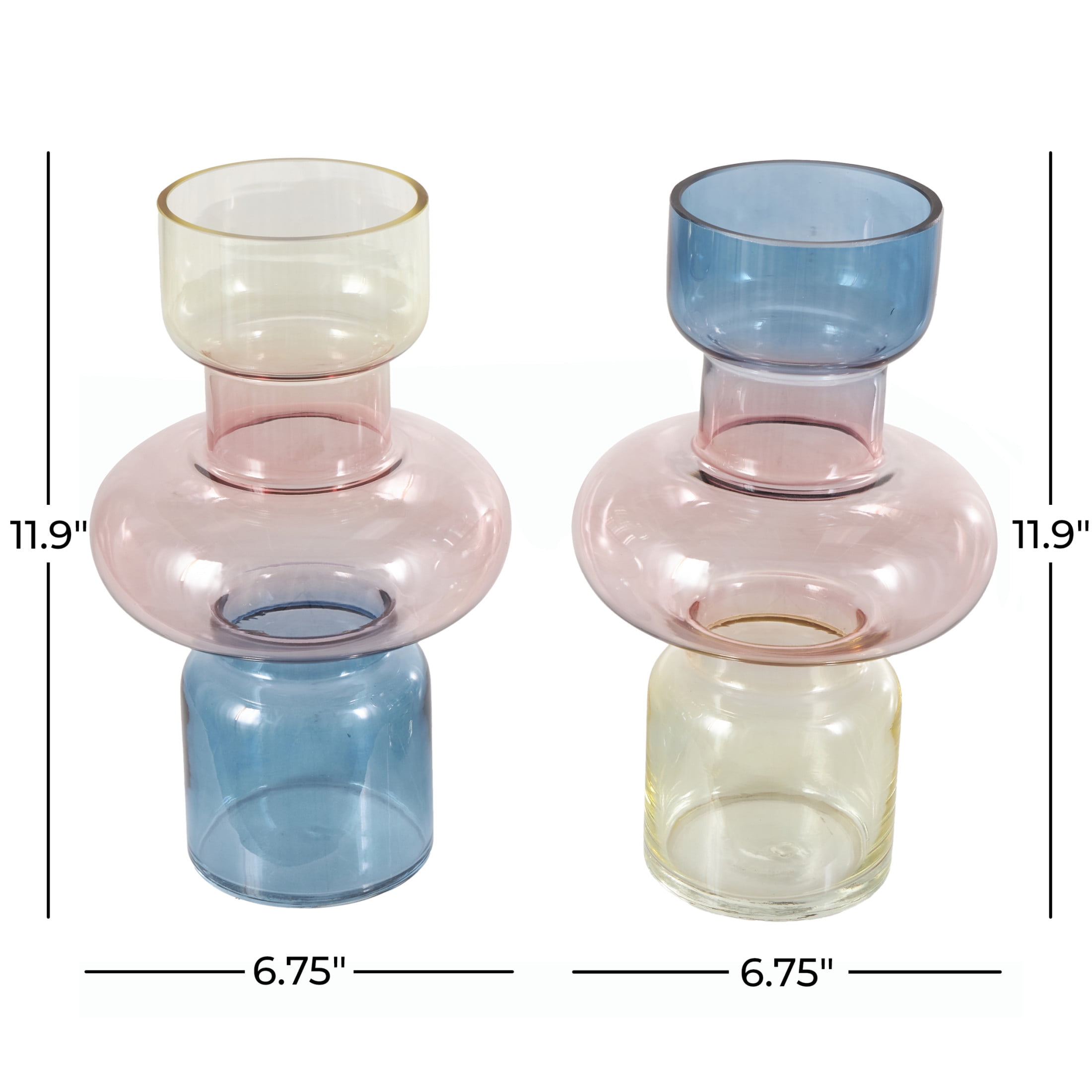 DecMode 7"W, 12"H Geometric Ombre Multi Colored Glass Vase, Set of 2