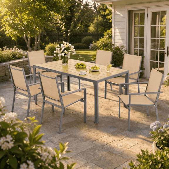 Patio Dining Set For 6, Asofer 7 Pcs Outdoor Dining Set with Metal Table with Umbrella Hole And Stackable Textilene Chairs for Garden & Yard, Brown