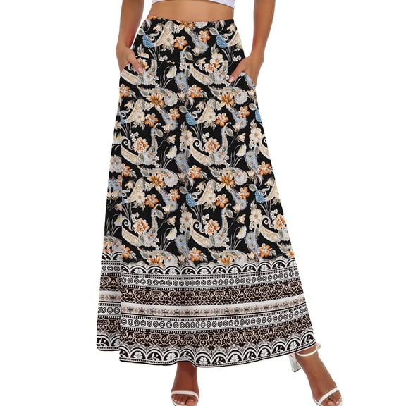Asklazy Womens Boho Long Maxi Skirt A-Line Long Skirt with Pockets Elastic High Waist(S-2XL)