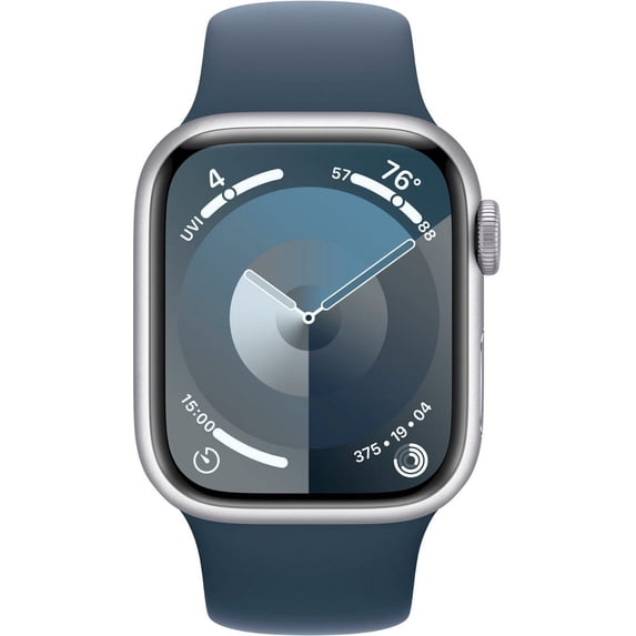 Restored Apple Watch Series 9 With Blood Oxygen. GPS + Cellular 45mm Silver Aluminum Case with Storm Blue Sport Band - M/L. (Refurbished)