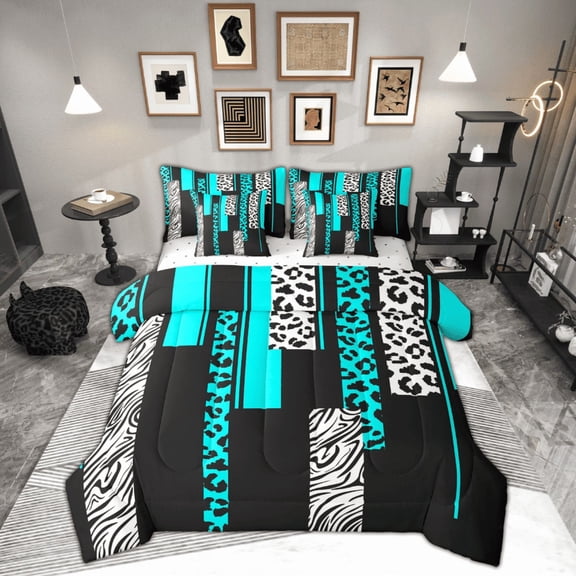 Manfei Chic Leopard Print Twin Bedding Sets 7-Piece for Female, Cheetah Zebra Animal Bedding Comforter Set, Black Cyan Geometric Reversible Sheet Sets, Lightweight Room Decor